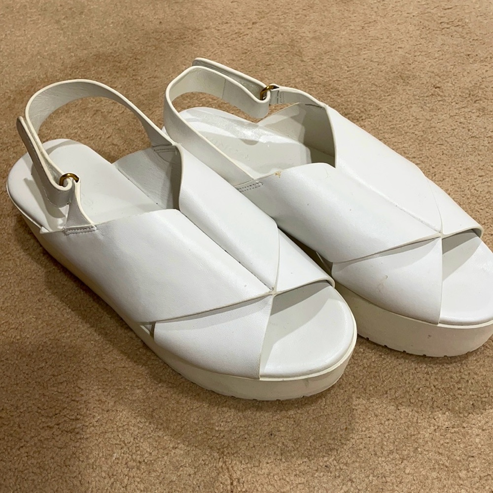 Vince white leather sling back sandals. White  rubber 2" platform.